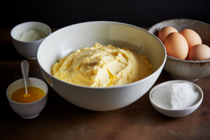 In a large bowl, cream together granulated sugar, brown sugar, salt, corn syrup, and room-temperature butter. Add the eggs and beat well. Stir in the vanilla.