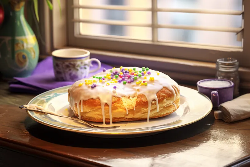 a slice of king cake in a plate on table in kitchen