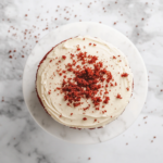 A stunning homemade red velvet cake, beautifully frosted with creamy cream cheese frosting, showcasing the vibrant red layers and perfect smooth finish, ready to be served as a delicious dessert.