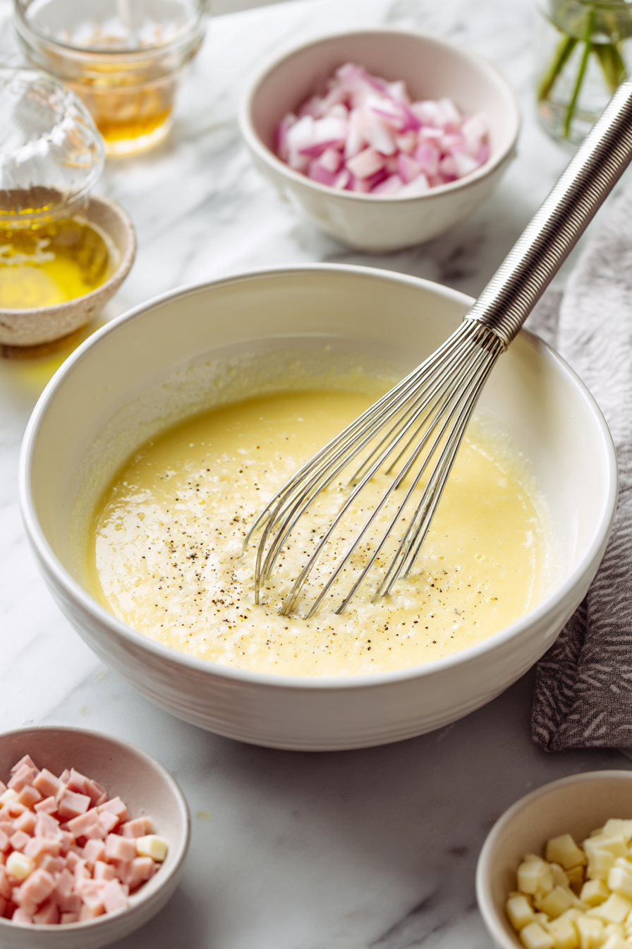 In a mixing bowl, whisk together the eggs and heavy cream