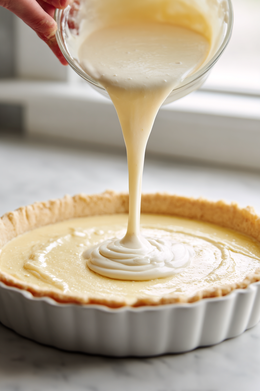 Pour the egg and cream mixture over the ham and cheese