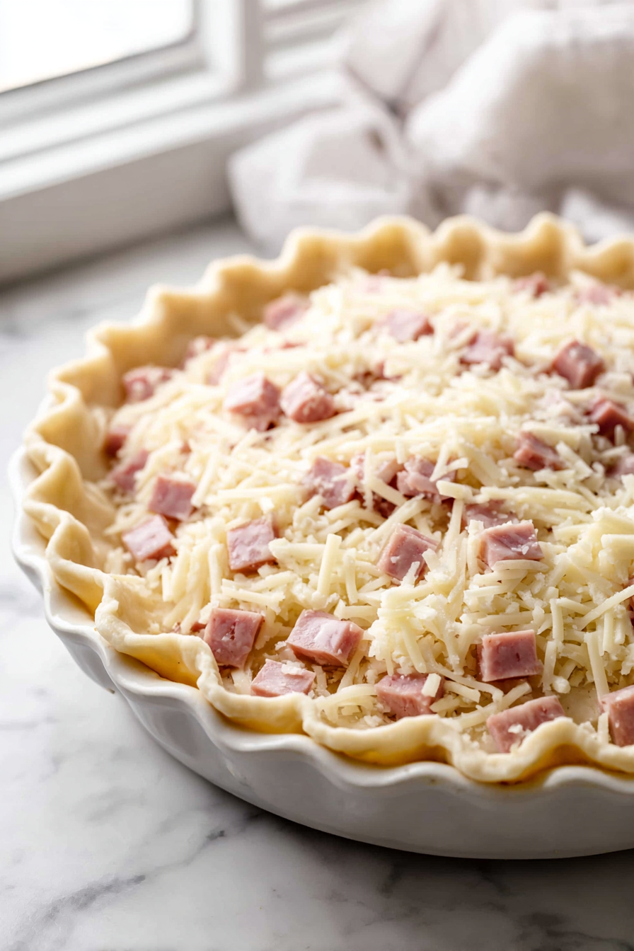 Sprinkle the diced ham evenly over the bottom of the pie crust. Follow with an even layer of shredded Swiss cheese.