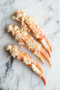 Generate a top-down view of the crab legs being coated on a marble countertop. A crab leg is dipped into the egg wash, ensuring it is fully coated, and then rolled in the seasoned flour and panko mixture. The coating process is neat and thorough, with the crab legs evenly covered. The light is soft and natural, emphasizing the texture and even coating of the crab legs. The scene should be clean and focused, with no other items or distractions in the background, highlighting the preparation before frying.