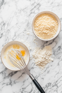 Create a top-down view of two shallow dishes on a marble countertop—one containing the beaten eggs mixed with seasonings and the other containing the seasoned flour mixture. The flour dish may also include panko bread crumbs for added crunch. A whisk is seen mixing the eggs, while the flour and panko mixture is neatly spread out in the second dish. The light is soft and natural, highlighting the textures and seasonings in each dish. The scene should be clean and focused, with no other ingredients or distractions in the background, showcasing the preparation of the coating.