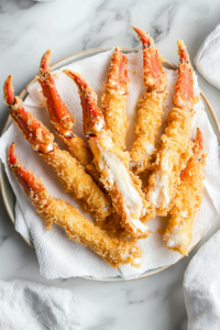 A top-down view of golden brown and crispy fried crab legs being placed on a paper towel-lined plate or tray on a marble countertop. The excess oil is being drained on the paper towels, with soft natural light highlighting the crunchy texture. The scene is clean and inviting, focusing entirely on the freshly fried crab legs ready to be served.