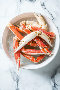 Generate a top-down view of the crab legs on a marble countertop, being thawed under cold water or prepared after defrosting in the refrigerator. The crab legs are placed in a shallow dish or colander, with water gently running over them. The light is soft and natural, casting a gentle glow on the crab legs and highlighting their texture. The scene should be clean and focused, with no other ingredients or distractions in the background, emphasizing the preparation of the crab legs.