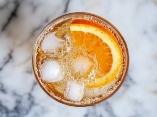 The image shows citrus shrub cocktail in a glass ready to serve