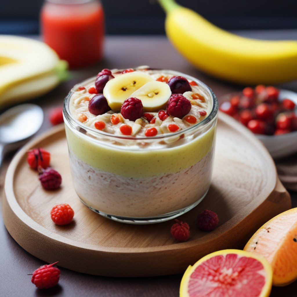 The image shows overnight oats with fruit toppings ready to serve (2)