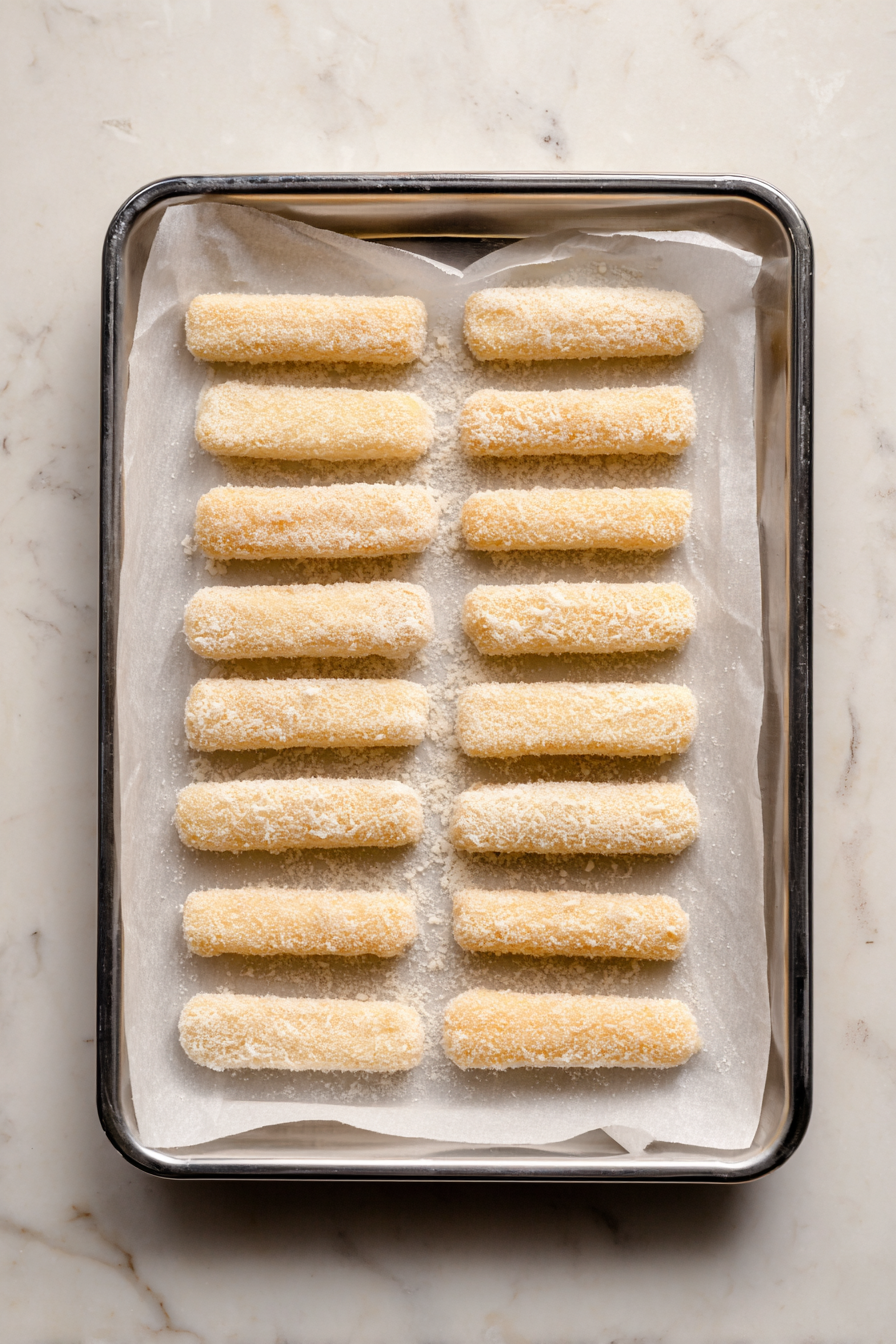 Place breaded sticks on a tray and freeze for at least 2 hours.