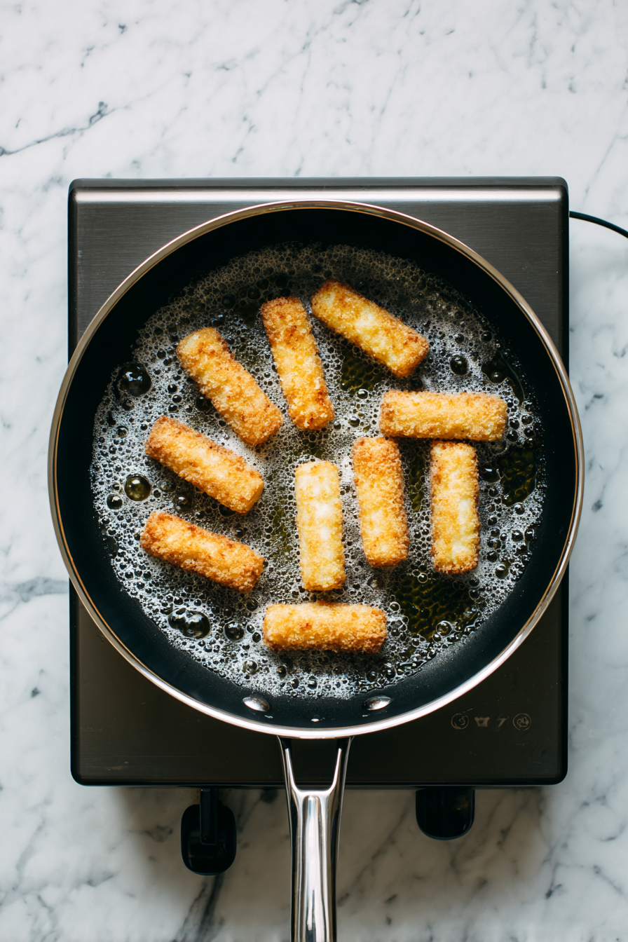 Fry frozen sticks in batches for about 2 minutes, until golden brown.