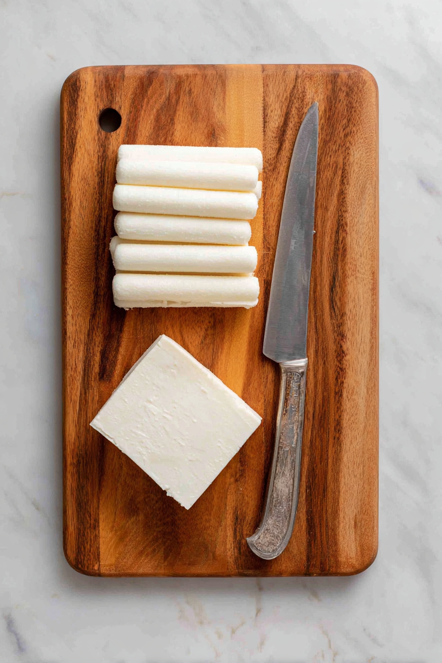 Slice mozzarella into 1/2 inch thick sticks.