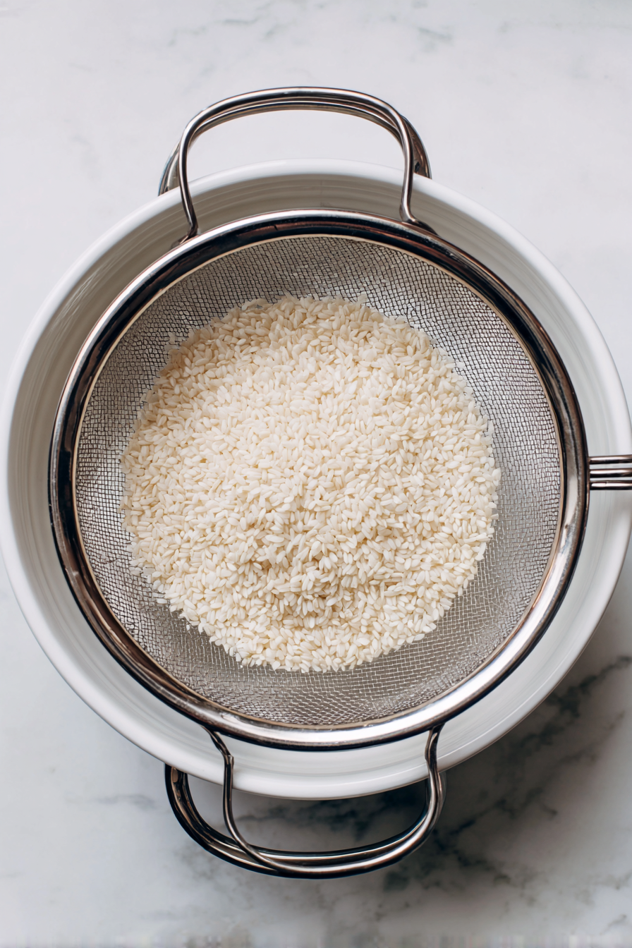 Wash rice until water runs clear in a mesh strainer.