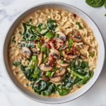 This image shows a delicious bowl of vegan creamy mushroom ramen, filled with sautéed mushrooms, tender noodles, fresh spinach, and a coconut milk broth, topped with green onions and chili garlic sauce for added flavor.