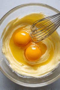 Add eggs to mixer, blend until smooth.