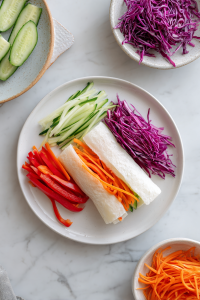 Add the julienned veggies and optional chicken to the jicama wraps.