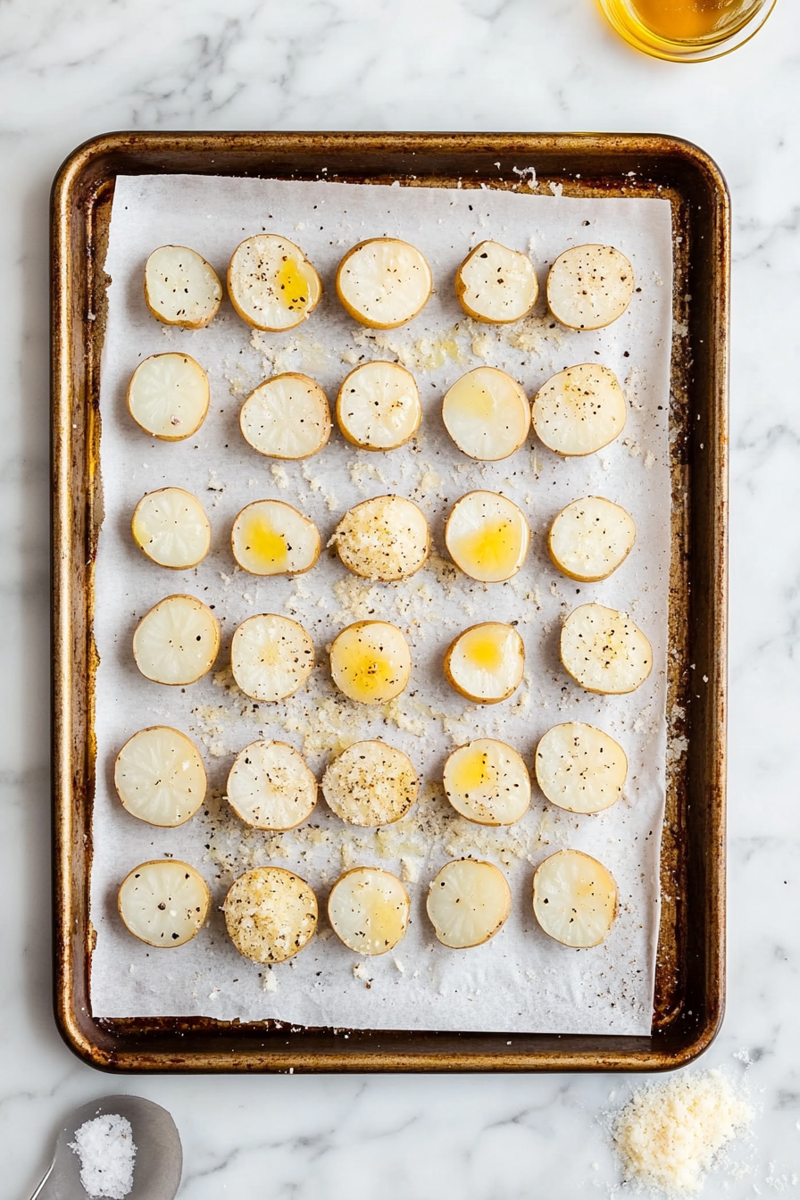 Halved baby potatoes are arranged cut-side down on a prepared sheet pan. The potatoes are sprinkled with garlic powder, Italian seasoning, cheese, salt, and pepper, with the sheet pan placed on a marble countertop.