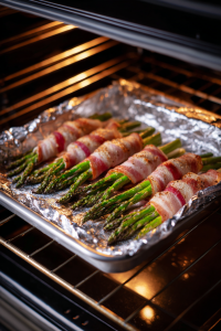 Bake the prepared bundles in the preheated oven for 15-20 minutes until the bacon achieves your preferred level of crispiness.