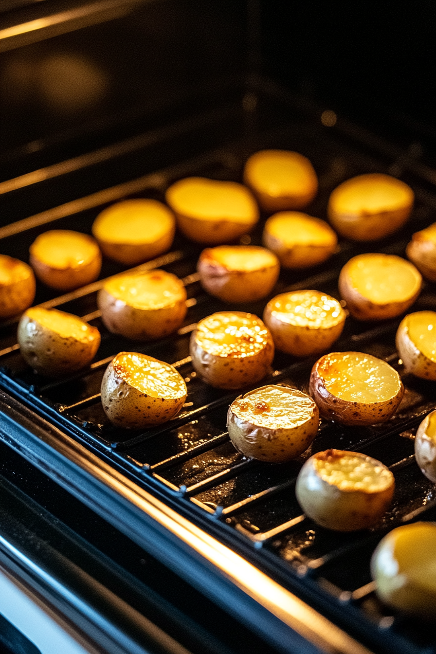 The potatoes are baking in a hot oven at 400°F, showing golden-brown bottoms and tender tops. The oven door is slightly open, and the sheet pan with potatoes is clearly visible.