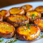 The freshly baked crispy, seasoned mini potatoes are arranged on a serving platter, garnished with fresh herbs or a sprinkle of salt. They are golden, crispy on the bottom, and tender.