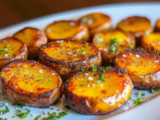 The freshly baked crispy, seasoned mini potatoes are arranged on a serving platter, garnished with fresh herbs or a sprinkle of salt. They are golden, crispy on the bottom, and tender.