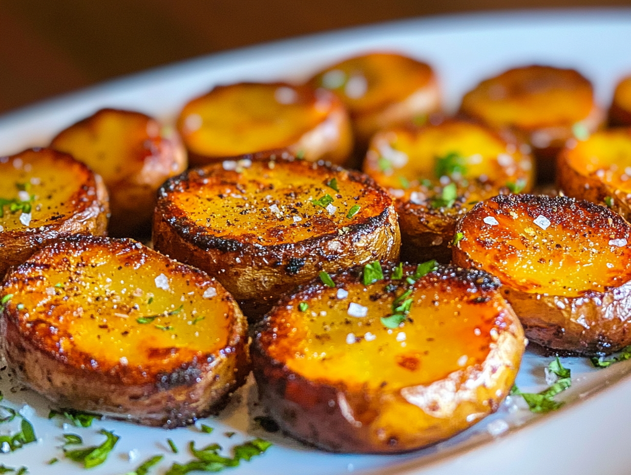 The freshly baked crispy, seasoned mini potatoes are arranged on a serving platter, garnished with fresh herbs or a sprinkle of salt. They are golden, crispy on the bottom, and tender.