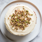 A beautifully baked homemade pistachio cake sits elegantly on a white ceramic plate, placed on a white marble countertop. The cake is generously frosted with a smooth and creamy mascarpone frosting, giving it a rich and velvety appearance. Chopped pistachios are delicately sprinkled on top, adding a vibrant green contrast to the soft white frosting. The cake has a perfectly even texture with a slight dome shape, showcasing a golden brown crust at the edges. The background is minimal and softly lit, enhancing the cake’s aesthetic appeal and making it the centerpiece of the image.