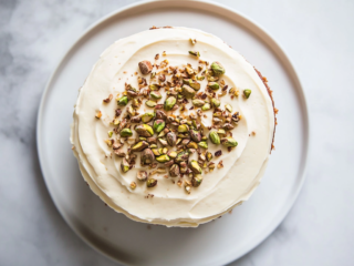 A beautifully baked homemade pistachio cake sits elegantly on a white ceramic plate, placed on a white marble countertop. The cake is generously frosted with a smooth and creamy mascarpone frosting, giving it a rich and velvety appearance. Chopped pistachios are delicately sprinkled on top, adding a vibrant green contrast to the soft white frosting. The cake has a perfectly even texture with a slight dome shape, showcasing a golden brown crust at the edges. The background is minimal and softly lit, enhancing the cake’s aesthetic appeal and making it the centerpiece of the image.