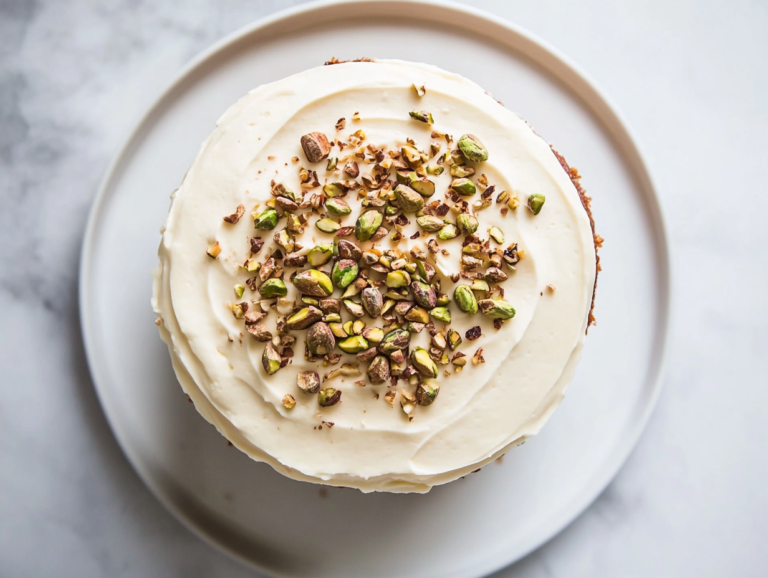 A beautifully baked homemade pistachio cake sits elegantly on a white ceramic plate, placed on a white marble countertop. The cake is generously frosted with a smooth and creamy mascarpone frosting, giving it a rich and velvety appearance. Chopped pistachios are delicately sprinkled on top, adding a vibrant green contrast to the soft white frosting. The cake has a perfectly even texture with a slight dome shape, showcasing a golden brown crust at the edges. The background is minimal and softly lit, enhancing the cake’s aesthetic appeal and making it the centerpiece of the image.
