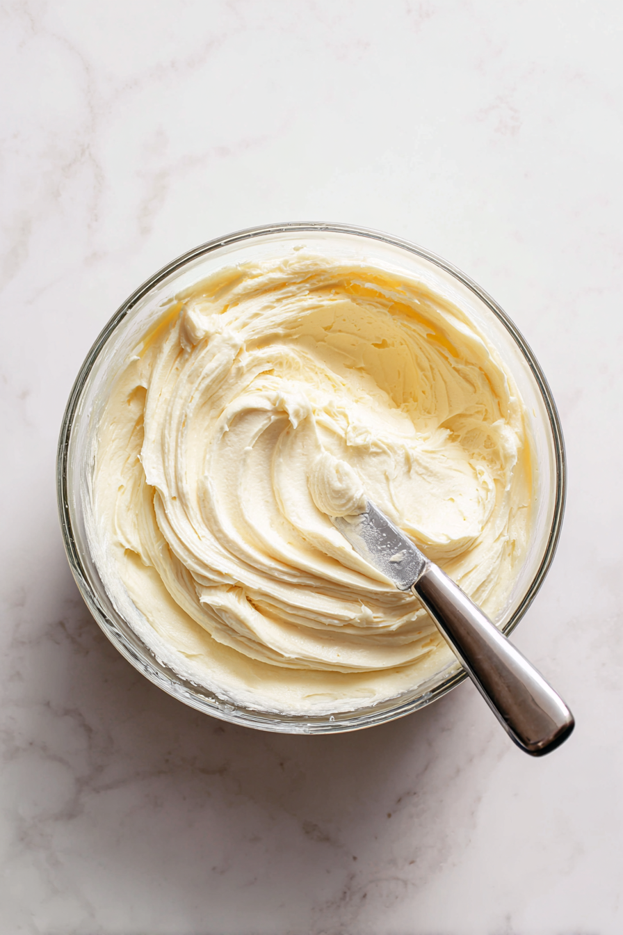 Make frosting: mix cream cheese, butter, vanilla, powdered sugar, and cream.