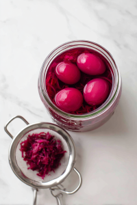 Pour pickling liquid over boiled eggs in a jar and refrigerate for 3 hours.