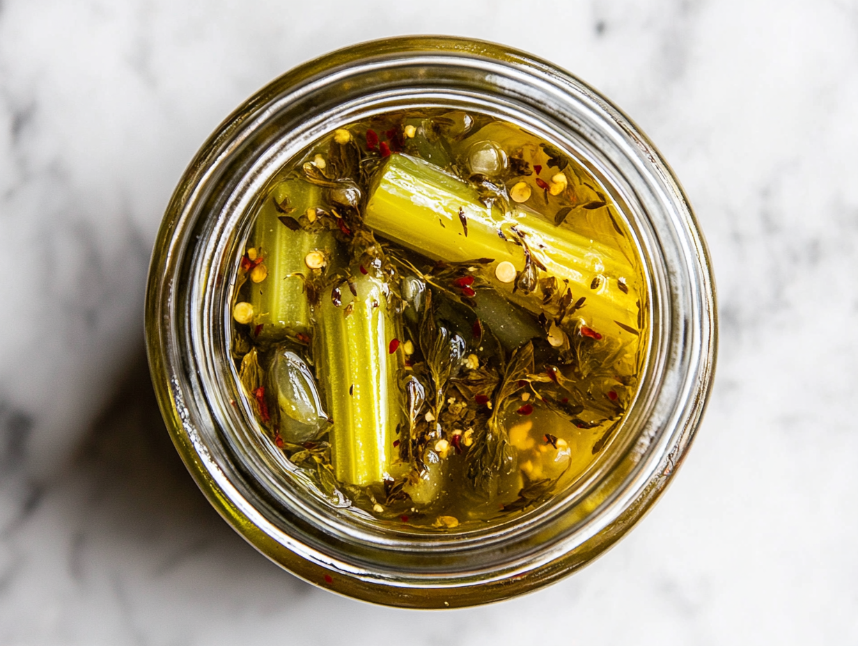 The image shows a top-down view of the jar of pickled celery on the countertop.