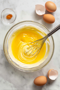 Prepare whipped yolk mixture with mayo, mustard, cream, and spices.