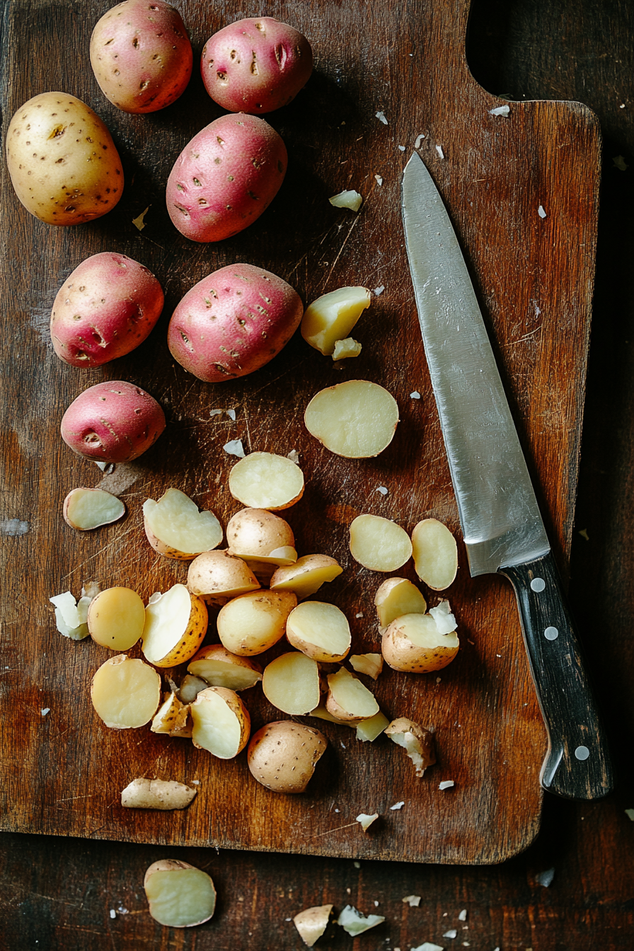 A cutting board with small baby potatoes (red, Yukon gold, or multi-color) is shown, with the potatoes being cut in half. A sharp knife, scattered potato peels, and a few whole potatoes are visible.