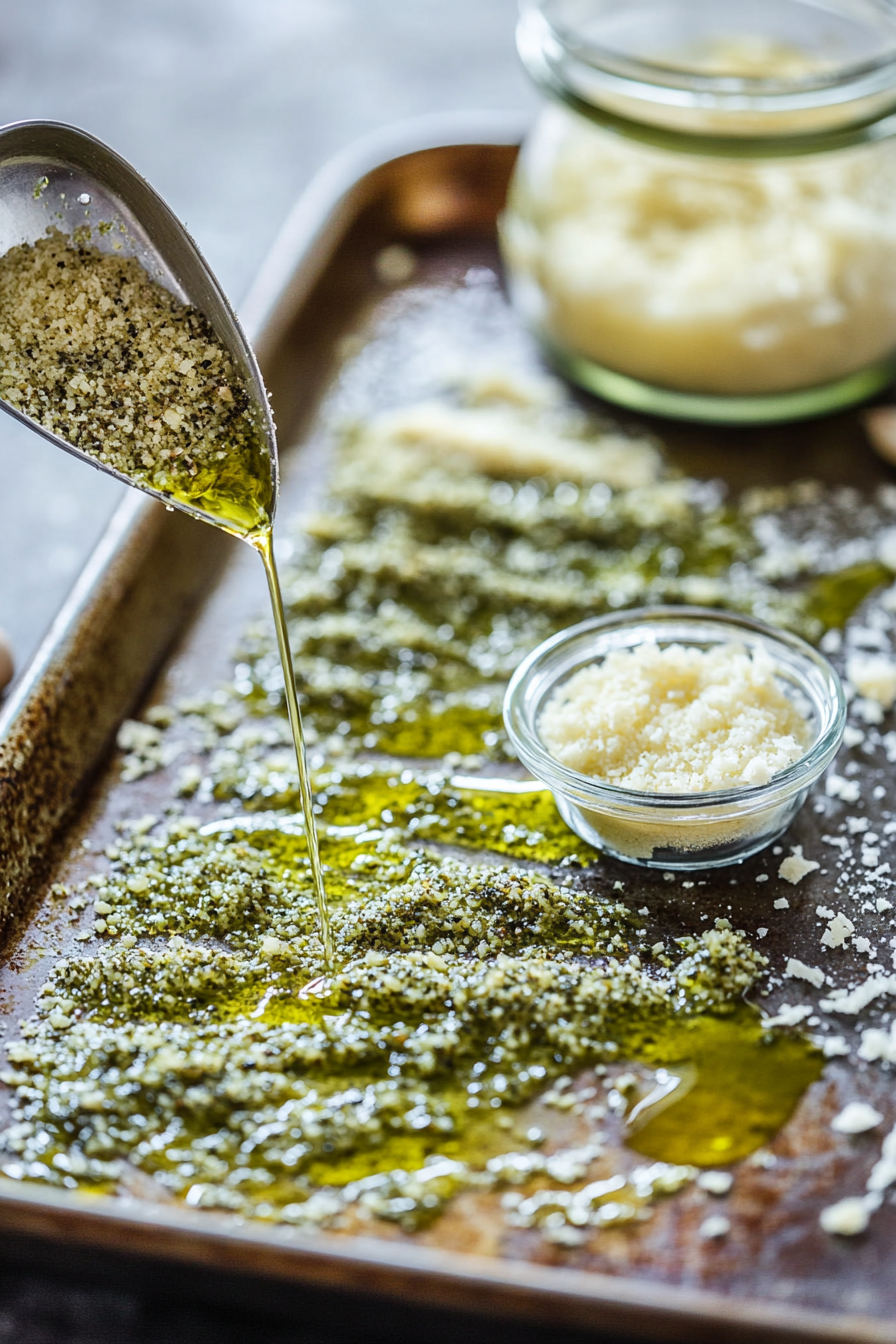 A baking sheet is being drizzled with extra virgin olive oil, then spread evenly across the surface. A measuring spoon with garlic powder, a small dish of dried Italian seasoning, and a jar of Pecorino Romano cheese are placed nearby.