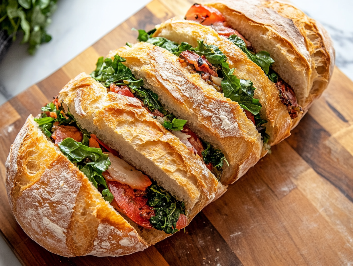 e image shows the completed ciabatta sandwich on a cutting board or serving platter, sliced into 6 pieces. The layers of meats, cheese, and fresh ingredients are visible, with the sandwich looking inviting and ready to be enjoyed.