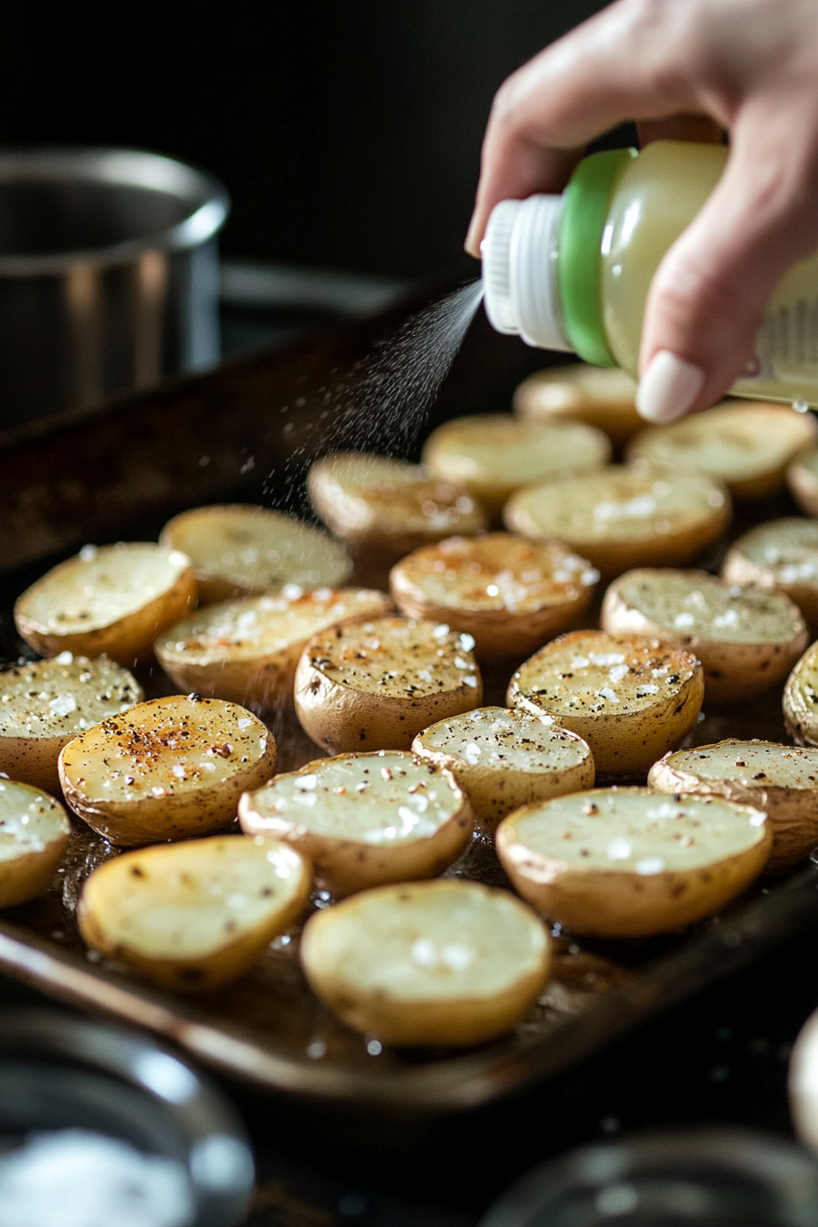 A hand is using olive oil spray to lightly spritz the top of the arranged potatoes. A pinch of salt is added to the potatoes, and the sheet pan is ready for baking.