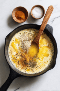 If you like a little kick, throw in some cayenne pepper, salt, and pepper. Give it a good stir.