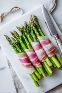 Gather 4 spears of asparagus and wrap each one with a slice of bacon, ensuring the ends are tucked beneath the bundle.