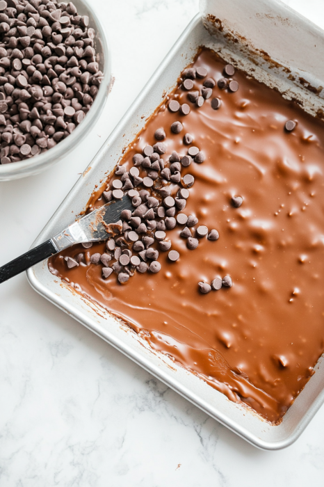 immediately sprinkle the chocolate chips evenly