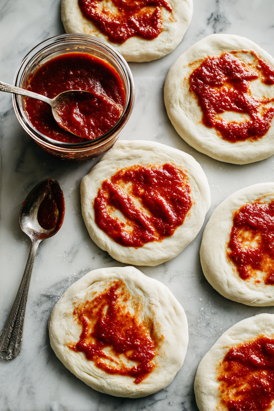Spoon a generous amount of pizza sauce onto one half of each dough circle, leaving a small border around the edges.