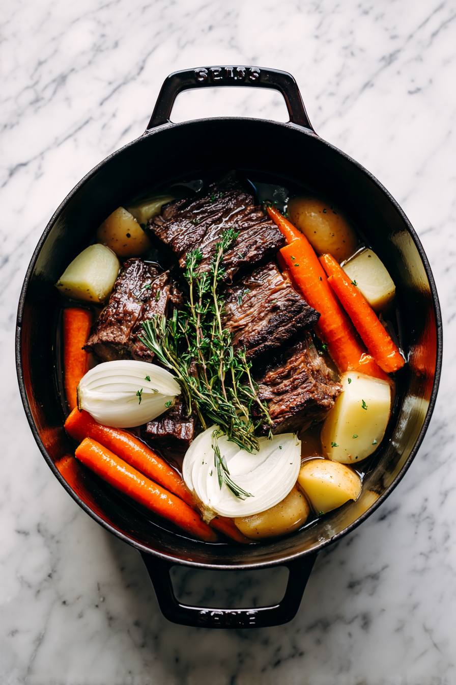 Cooking: Heat a large pot or Dutch oven over medium heat. Add the marinated beef short ribs (along with the marinade), sliced onions, carrots, and potatoes to the pot. Pour in water or beef broth until the ingredients are just covered.
