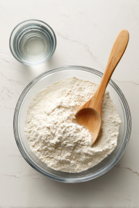 Combine 2 tablespoons of vinegar with ½ cup of cold water. Gradually add 6 tablespoons to the flour mixture (1 tablespoon at a time). Mix with a wooden spoon until it forms a crumbly dough. If it's too dry, add more cold water, one tablespoon at a time.