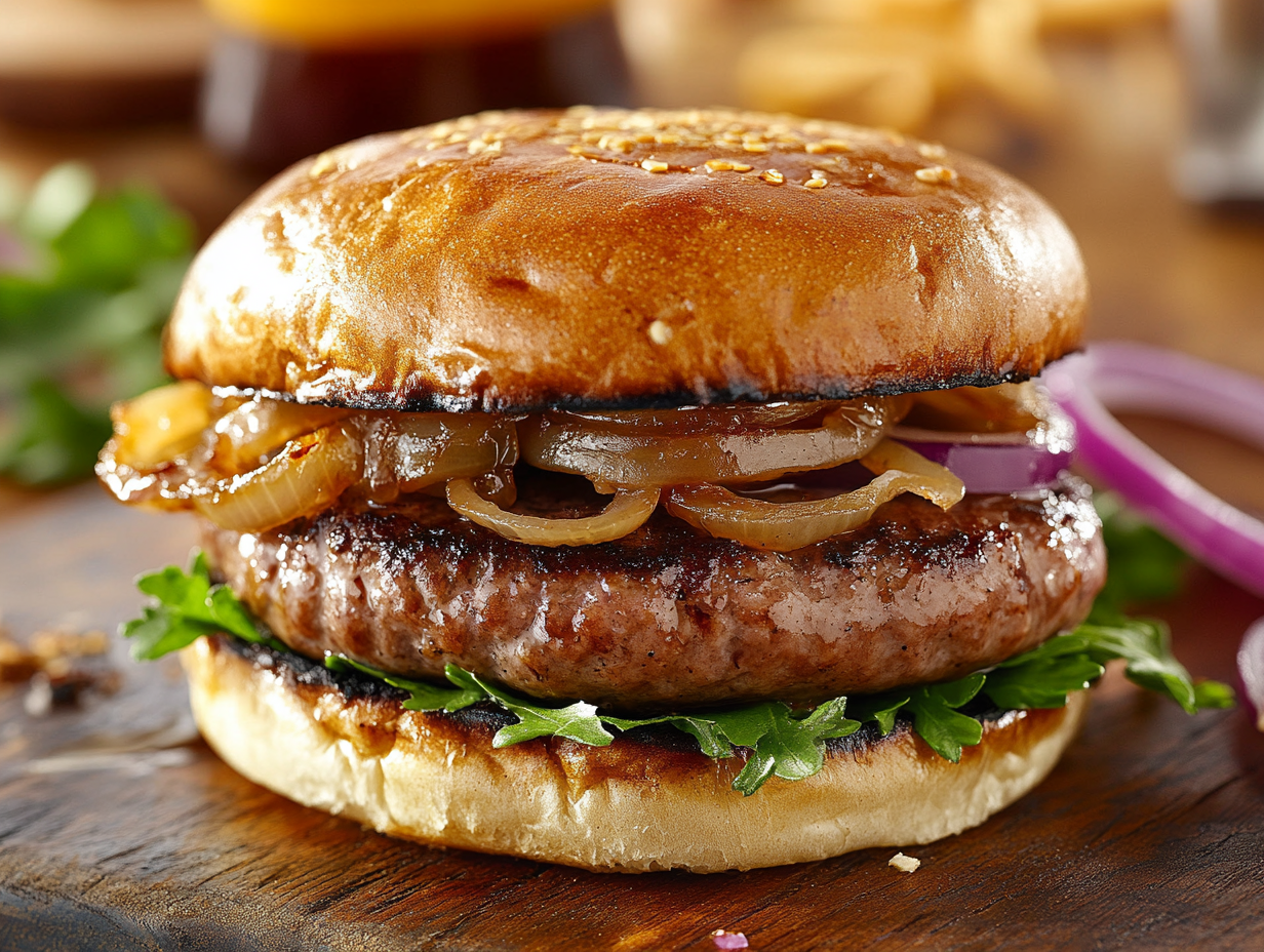 Bratwurst Burger Beer Braised Onions & Kraut