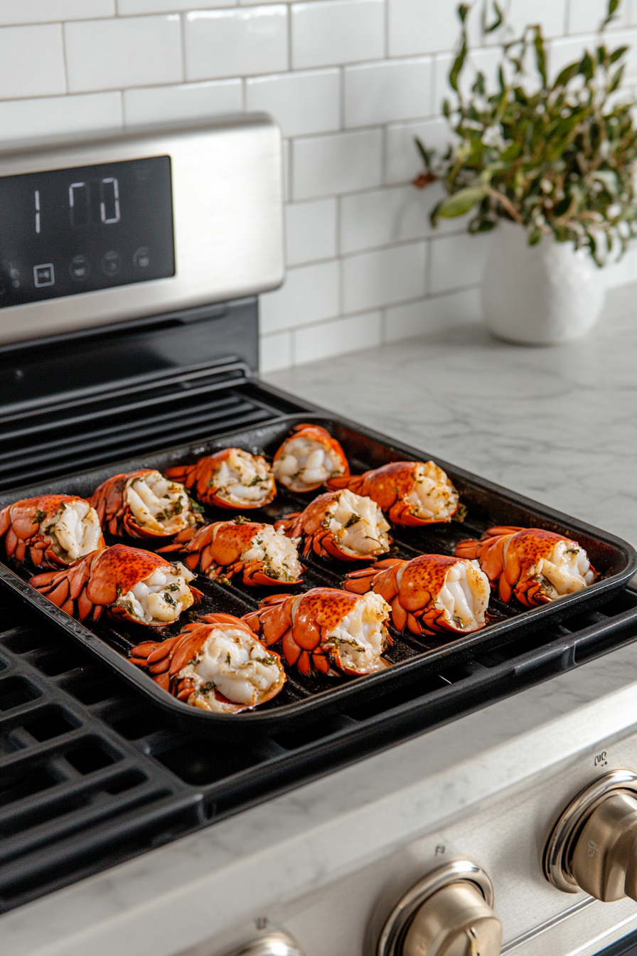 This image shows the lobster halves under the broiler, with a generous sprinkle of Parmesan cheese on top, cooking to a golden, bubbling perfection for the lobster thermidor.