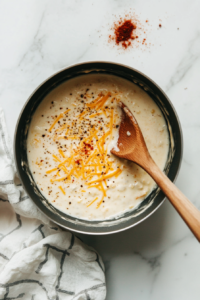All ingredients in the pot are combined and gently melted on low heat. Stirring occasionally helps to mix the flavors evenly, resulting in a smooth, creamy texture as the cheese melts and blends with the spices and tomatoes.