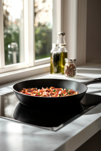 Cooking Crispy Bacon in a Cast Iron Skillet for the Bacon and Tomato Balsamic Steak Recipe