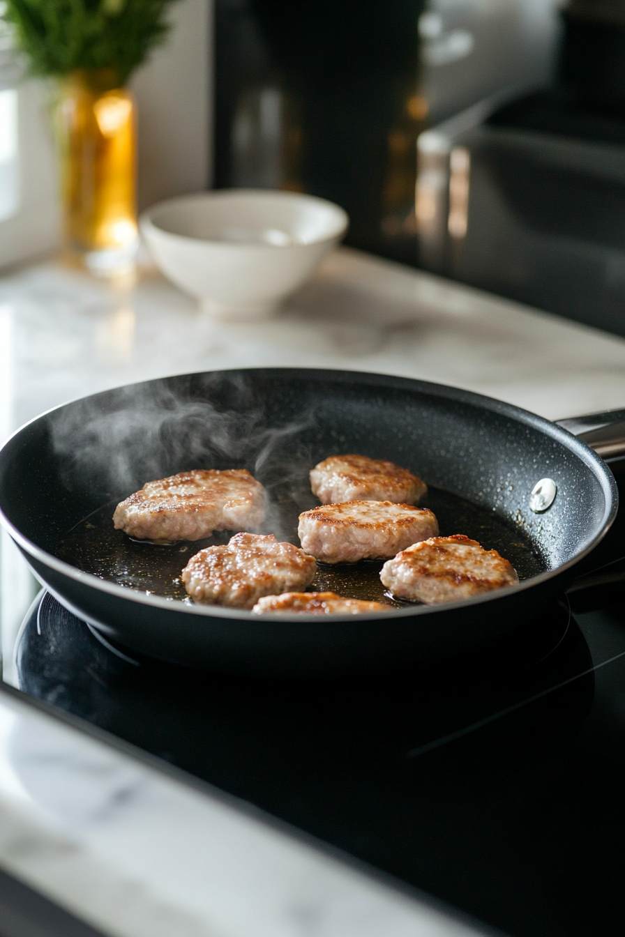 Cooking pork burger patties until golden and juicy in a hot skillet