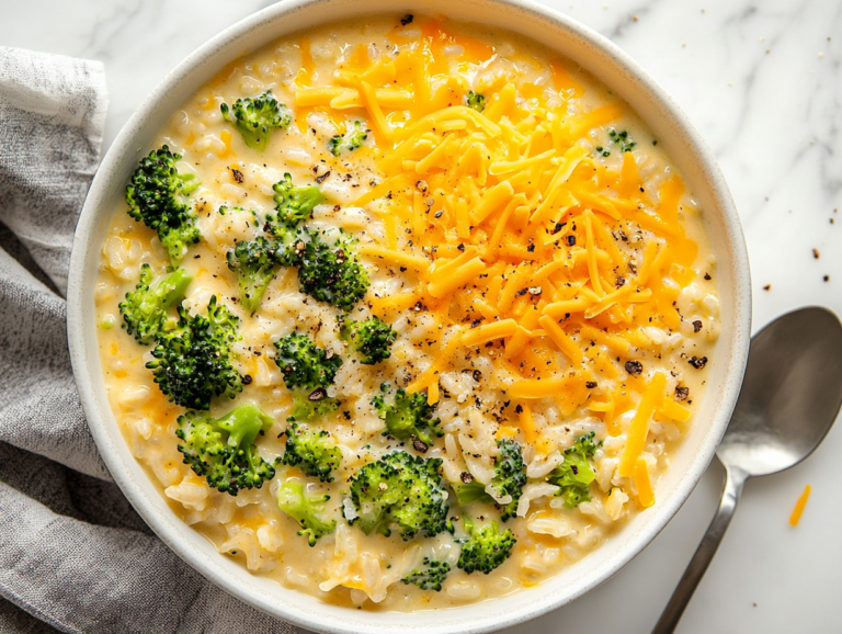 A beautifully served dish of creamy broccoli cheddar rice casserole, highlighting its cheesy and creamy texture, part of the Creamy Broccoli Cheddar Rice Recipe.