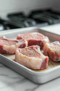 Dredging the Pork Chops for Crispy Pork Chops with Pea Shoot Salad