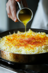 Drizzling Saffron Water and Butter over Layered Saffron Rice Mixture